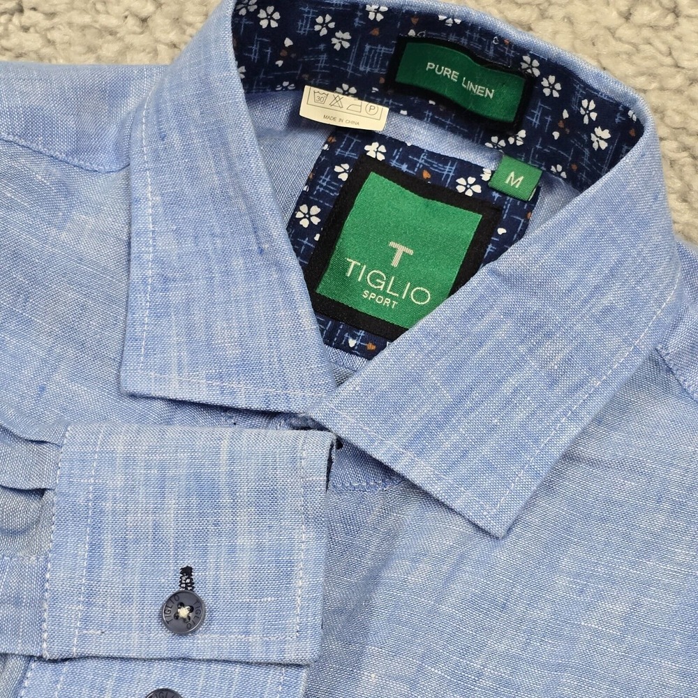 Tiglio Men‎ Blue Linen Button Down Shirt Medium Lightweight Casual Beach Office